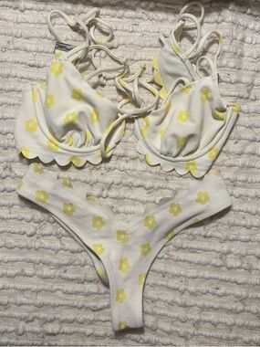 For Love & Lemons White and Yellow Floral Scalloped Bikini Set